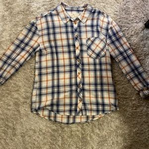 full button flannel, colors are like Denver bronco colors if that helps